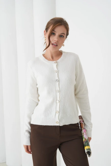 Kadın Kemik Bisiklet Yaka Düğme Detay Yumuşak Dokulu Triko Hırka