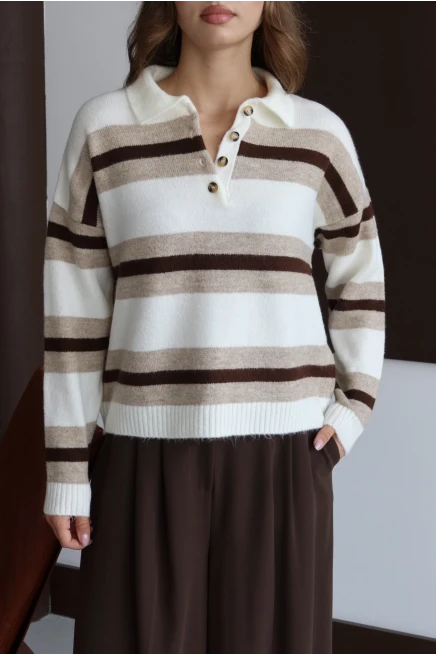 Kadın Kemik Oversize Çizgili Polo Yaka Triko Kazak