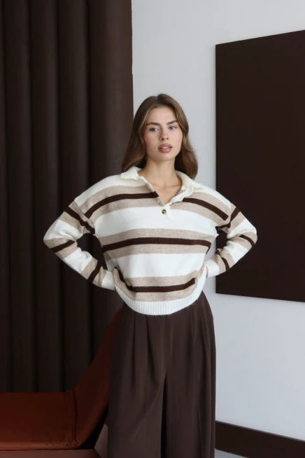 Kadın Kemik Oversize Çizgili Polo Yaka Triko Kazak