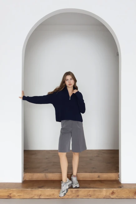 Kadın Lacivert Basic Oversize Yarım Pat Fermuarlı Triko Kazak 