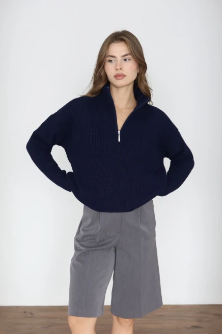 Kadın Lacivert Basic Oversize Yarım Pat Fermuarlı Triko Kazak 