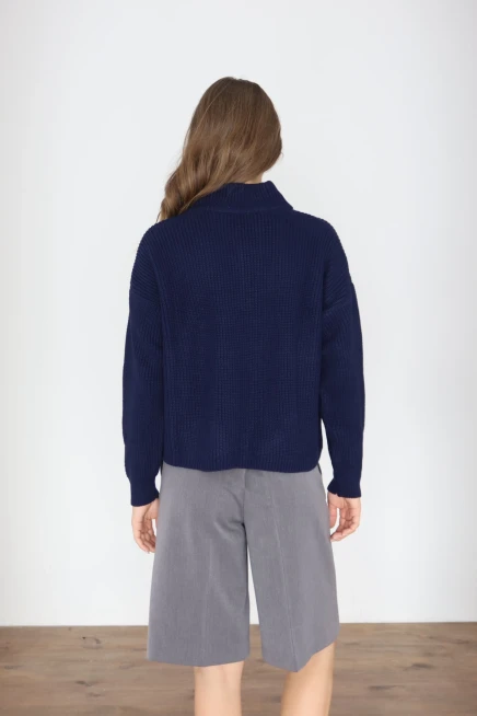 Kadın Lacivert Basic Oversize Yarım Pat Fermuarlı Triko Kazak 
