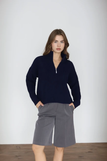 Kadın Lacivert Basic Oversize Yarım Pat Fermuarlı Triko Kazak 
