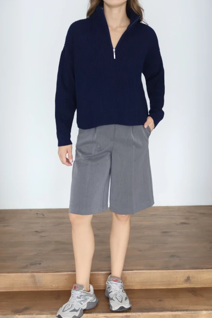 Kadın Lacivert Basic Oversize Yarım Pat Fermuarlı Triko Kazak 