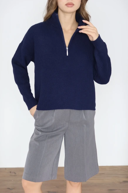 Kadın Lacivert Basic Oversize Yarım Pat Fermuarlı Triko Kazak 