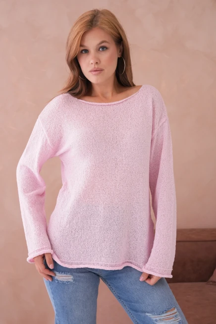 Kadın Pembe Basic Oversize Kayık Yaka Dokulu Triko Kazak 8529sw