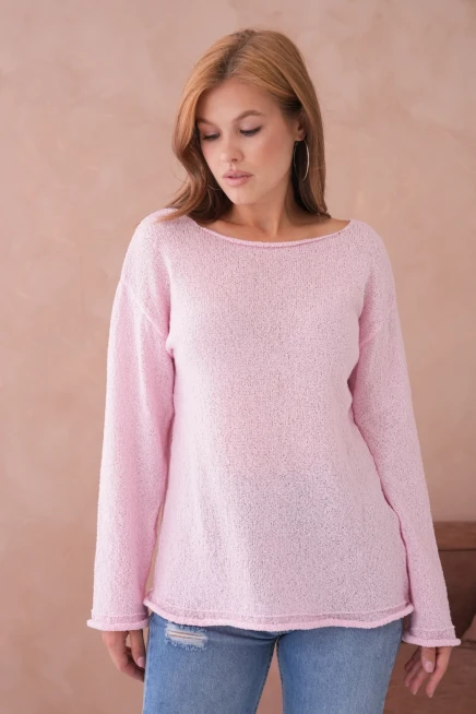 Kadın Pembe Basic Oversize Kayık Yaka Dokulu Triko Kazak 8529sw
