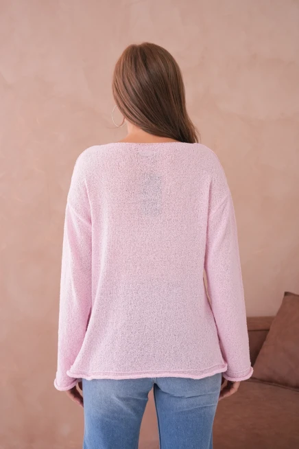 Kadın Pembe Basic Oversize Kayık Yaka Dokulu Triko Kazak 8529sw