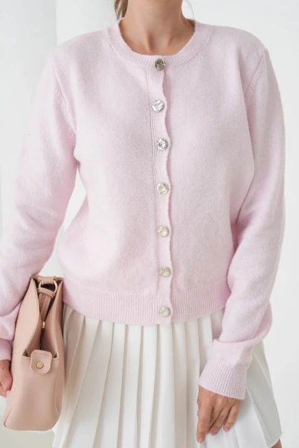 Kadın pembe bisiklet yaka düğme detay yumuşak dokulu triko hırka 8559