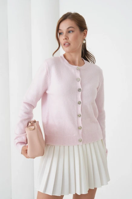 Kadın pembe bisiklet yaka düğme detay yumuşak dokulu triko hırka 8559