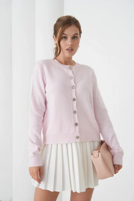 Kadın pembe bisiklet yaka düğme detay yumuşak dokulu triko hırka 8559