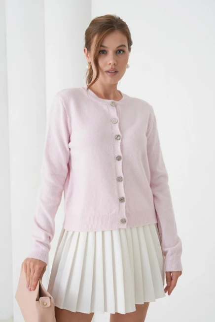 Kadın pembe bisiklet yaka düğme detay yumuşak dokulu triko hırka 8559