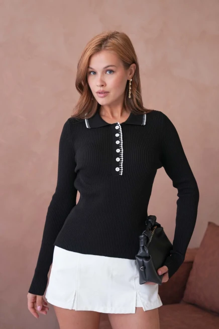 Kadın Polo Yak Agarni Dikişli Kaşkorse Triko Kazak