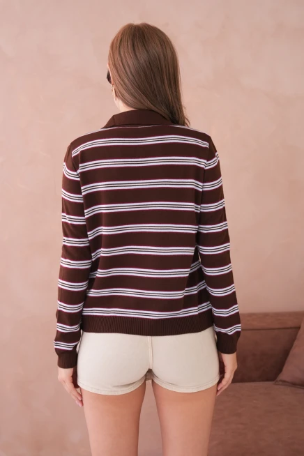 Kadın Polo Yaka Çizgi Detay Oversize Triko Kazak