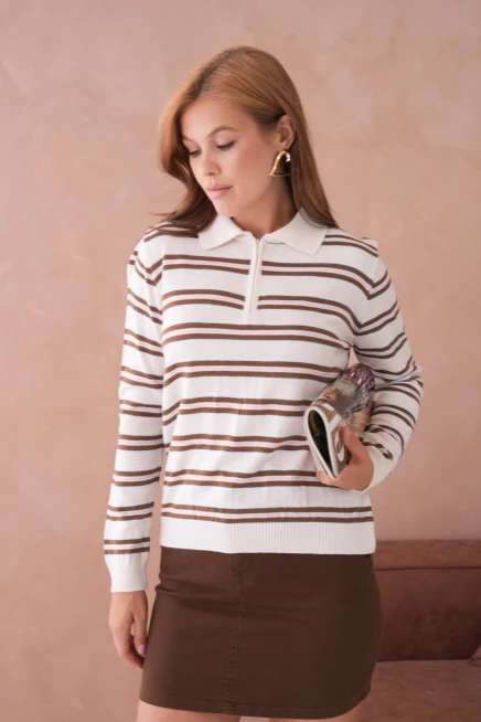 Kadın Polo Yaka Çizgi Detay Oversize Triko Kazak