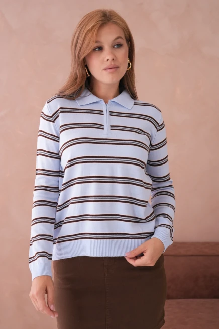 Kadın Polo Yaka Çizgi Detay Oversize Triko Kazak