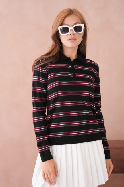 Kadın Polo Yaka Çizgi Detay Oversize Triko Kazak