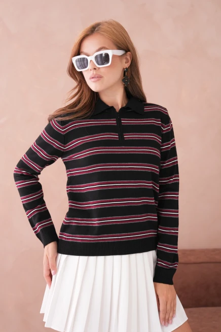 Kadın Polo Yaka Çizgi Detay Oversize Triko Kazak