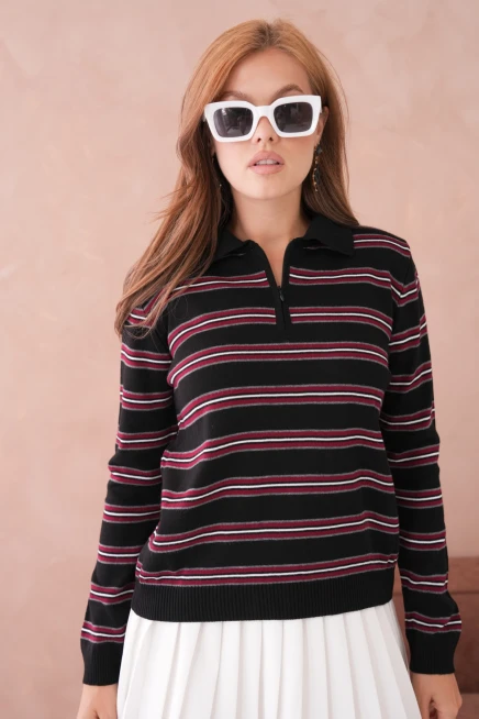 Kadın Polo Yaka Çizgi Detay Oversize Triko Kazak