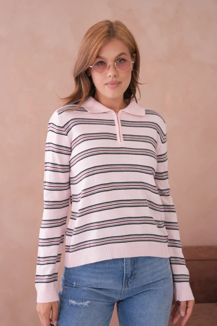 Kadın Polo Yaka Çizgi Detay Oversize Triko Kazak