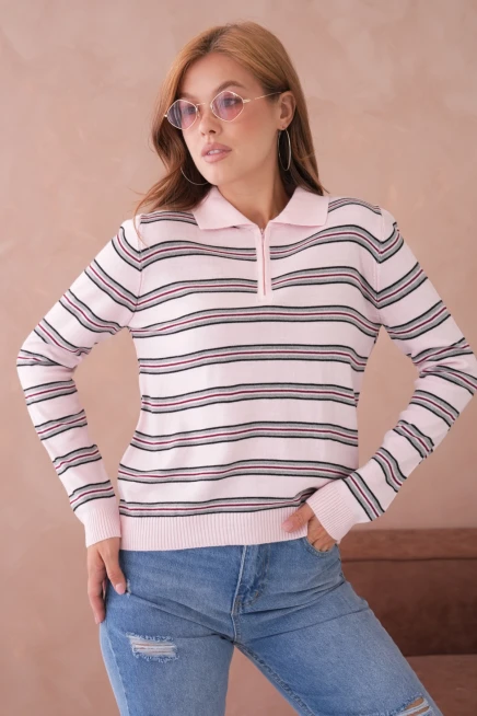 Kadın Polo Yaka Çizgi Detay Oversize Triko Kazak