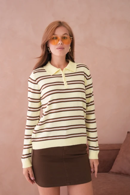 Kadın Polo Yaka Çizgi Detay Oversize Triko Kazak