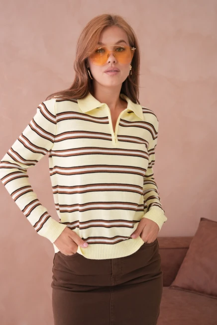 Kadın Polo Yaka Çizgi Detay Oversize Triko Kazak