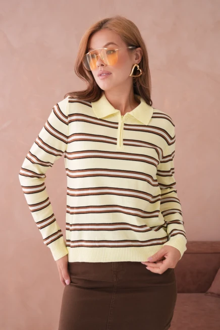 Kadın Polo Yaka Çizgi Detay Oversize Triko Kazak