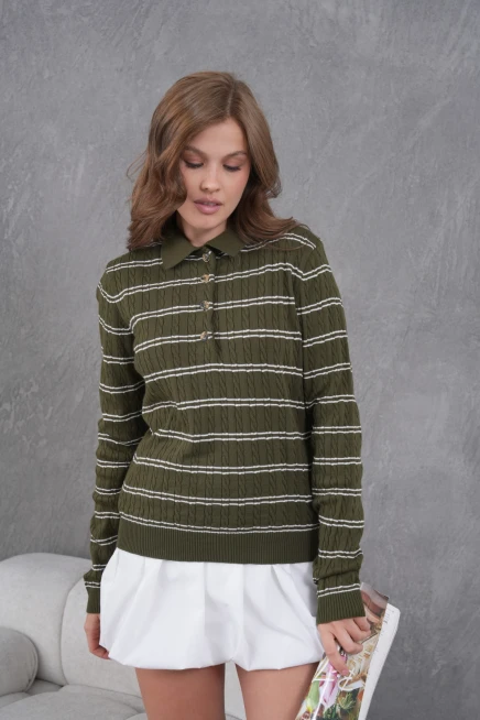 Kadın Polo Yaka Çizgi Detay Saç Örgü Triko Kazak