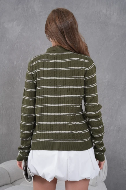 Kadın Polo Yaka Çizgi Detay Saç Örgü Triko Kazak