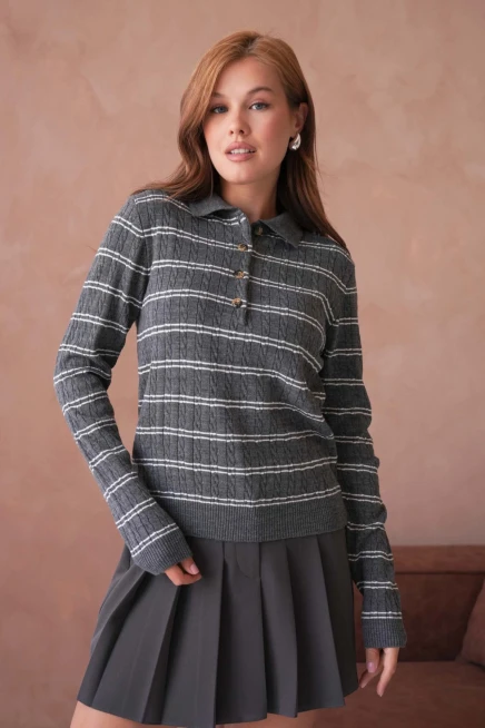 Kadın Polo Yaka Çizgi Detay Saç Örgü Triko Kazak