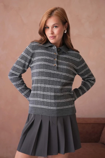 Kadın Polo Yaka Çizgi Detay Saç Örgü Triko Kazak