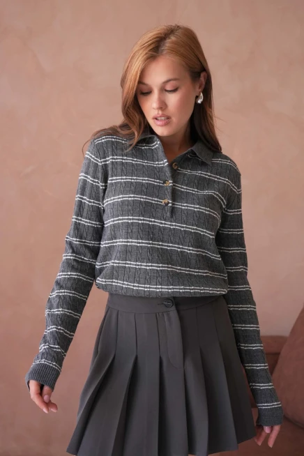 Kadın Polo Yaka Çizgi Detay Saç Örgü Triko Kazak