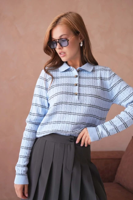 Kadın Polo Yaka Çizgi Detay Saç Örgü Triko Kazak