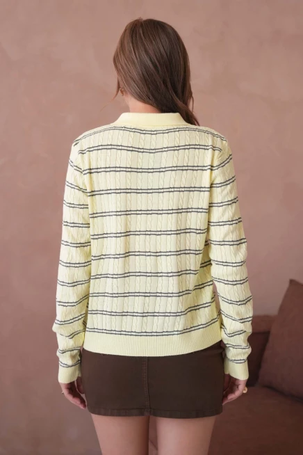 Kadın Polo Yaka Çizgi Detay Saç Örgü Triko Kazak