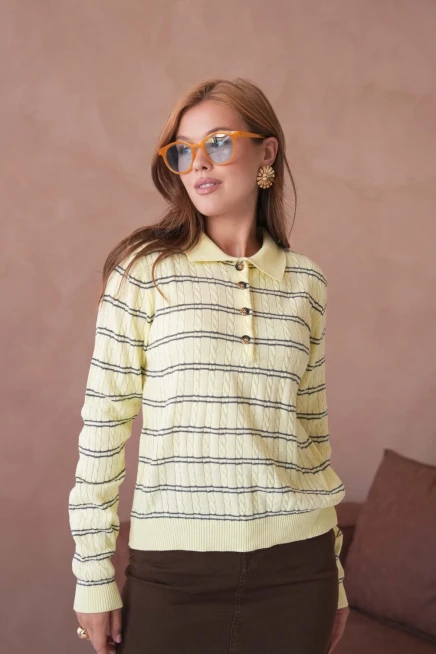 Kadın Polo Yaka Çizgi Detay Saç Örgü Triko Kazak