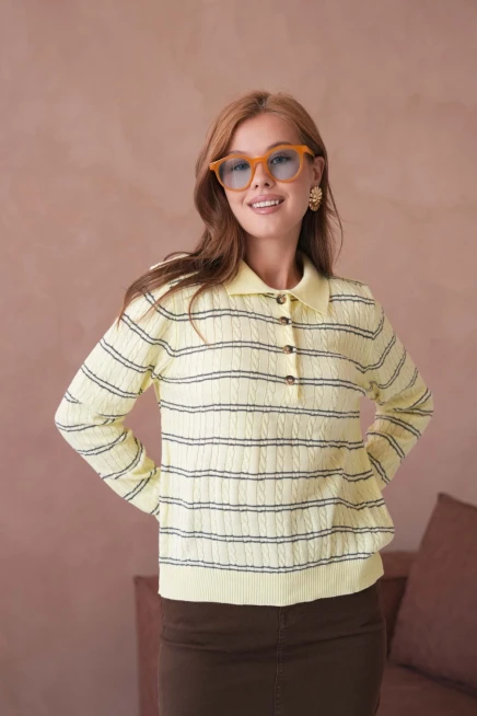 Kadın Polo Yaka Çizgi Detay Saç Örgü Triko Kazak