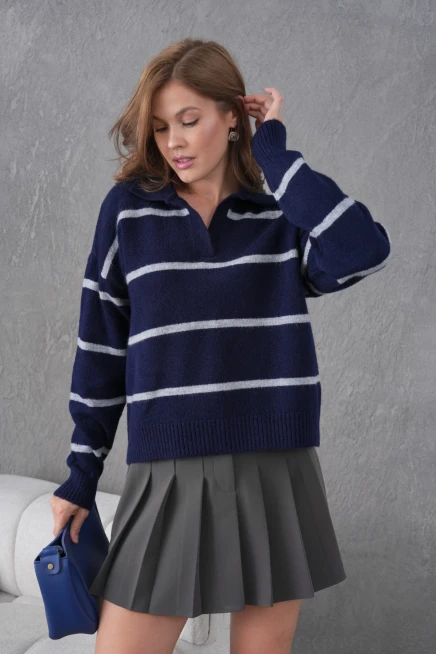 Kadın Polo Yaka Çizgili Oversize Triko Kazak