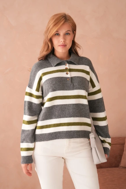 Kadın Polo Yaka Çizgili Oversize Triko Kazak