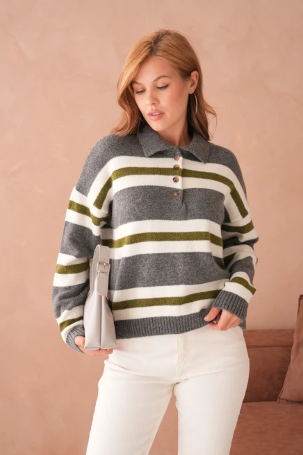 Kadın Polo Yaka Çizgili Oversize Triko Kazak