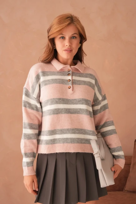 Kadın Polo Yaka Çizgili Oversize Triko Kazak