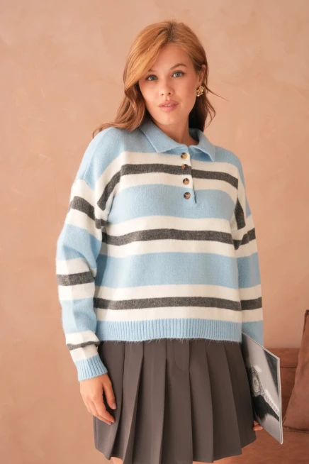 Kadın Polo Yaka Çizgili Oversize Triko Kazak