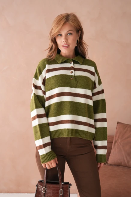 Kadın Polo Yaka Çizgili Oversize Triko Kazak