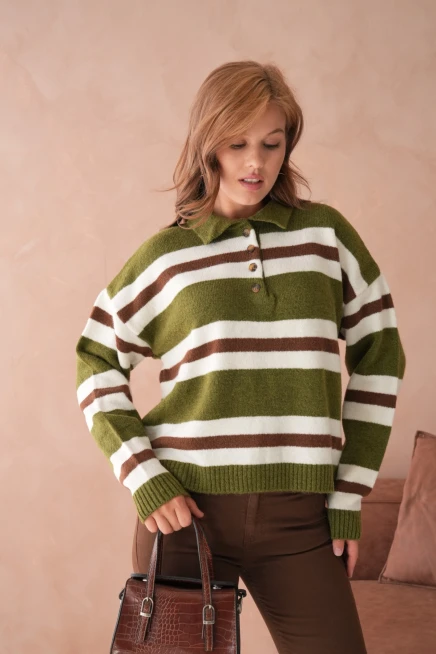 Kadın Polo Yaka Çizgili Oversize Triko Kazak