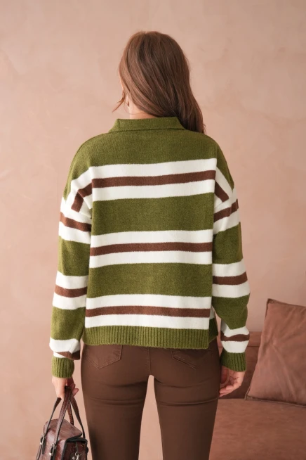 Kadın Polo Yaka Çizgili Oversize Triko Kazak