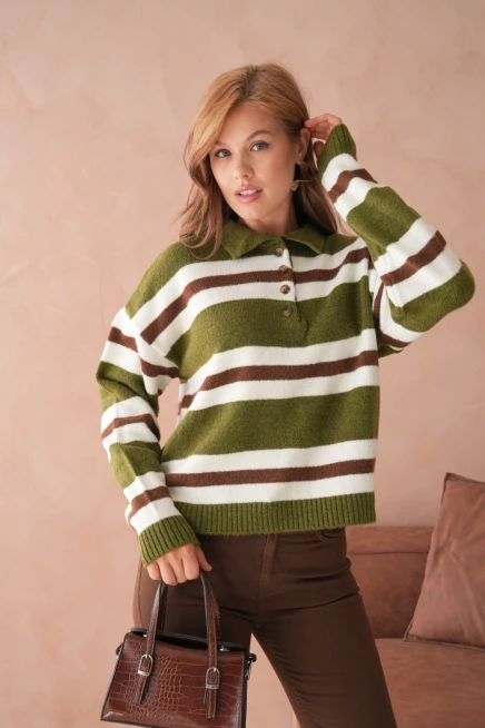 Kadın Polo Yaka Çizgili Oversize Triko Kazak