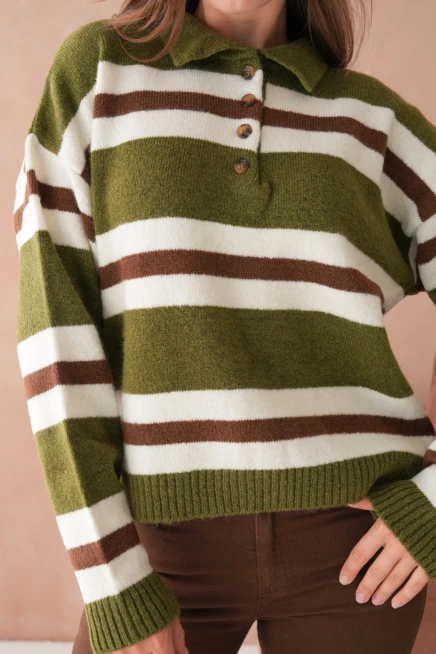 Kadın Polo Yaka Çizgili Oversize Triko Kazak