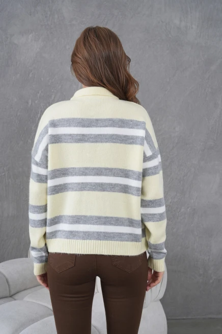 Kadın Polo Yaka Çizgili Oversize Triko Kazak