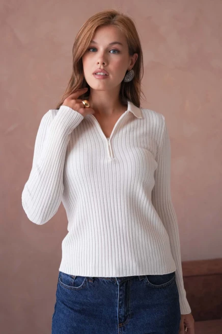 Kadın Polo Yaka Fermuar Detay Kaşkorse Triko Kazak