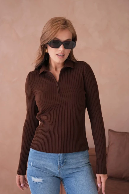 Kadın Polo Yaka Fermuar Detay Kaşkorse Triko Kazak